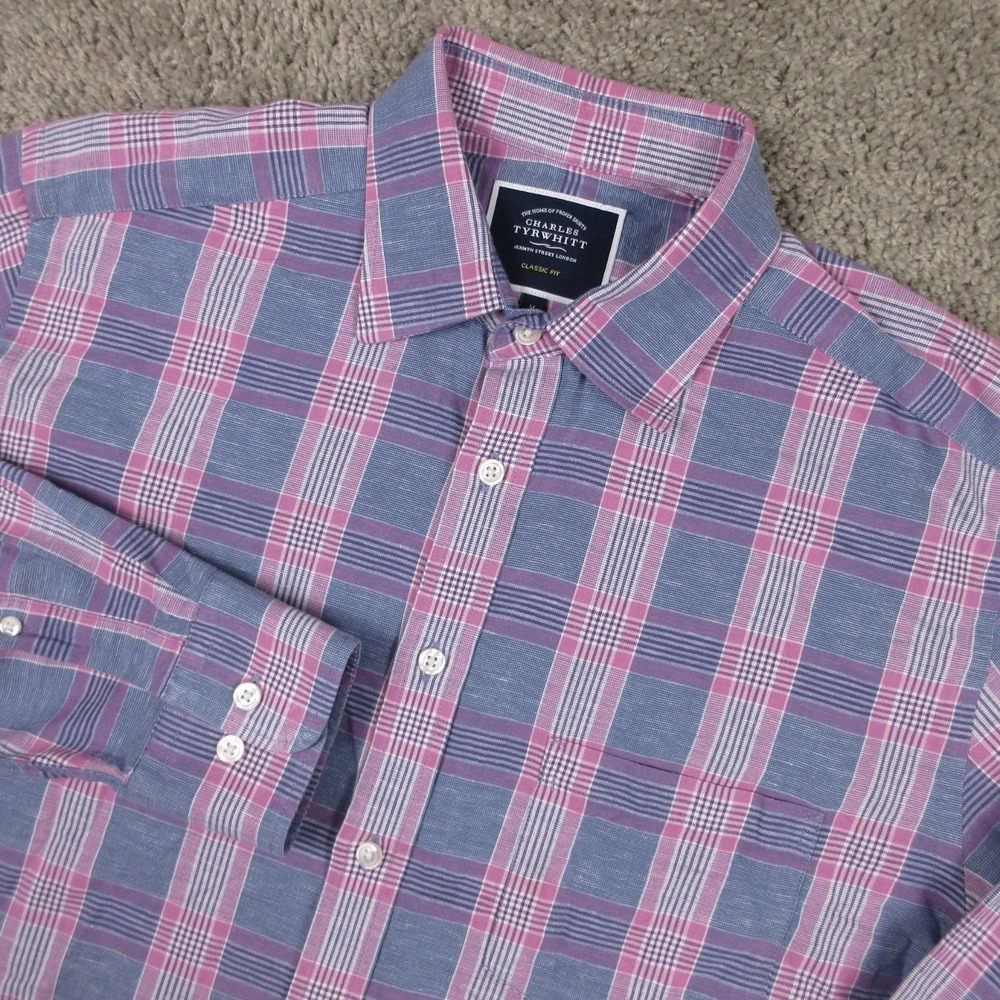 Charles Tyrwhitt Shirt Mens Medium Blue Purple Plaid Classic Fit Linen Button Up